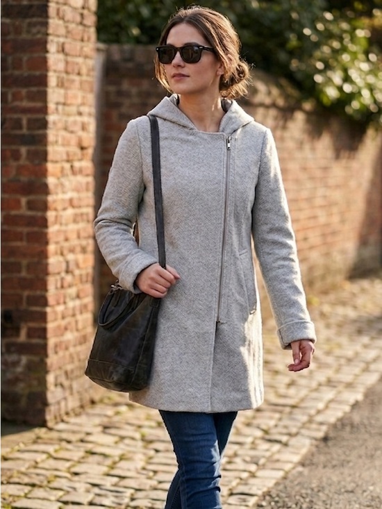 le chateau Jackets & Blazers - Le Chateau Grey Herringbone Asymmetrical Zip Hooded Jacket Long Chic Neutral Sm